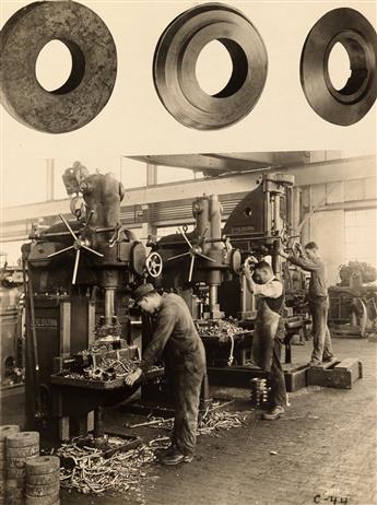 (COLBURN MACHINE TOOL COMPANY) A photographers master book containing 44 photographs, including photomontages, of machinists at work i